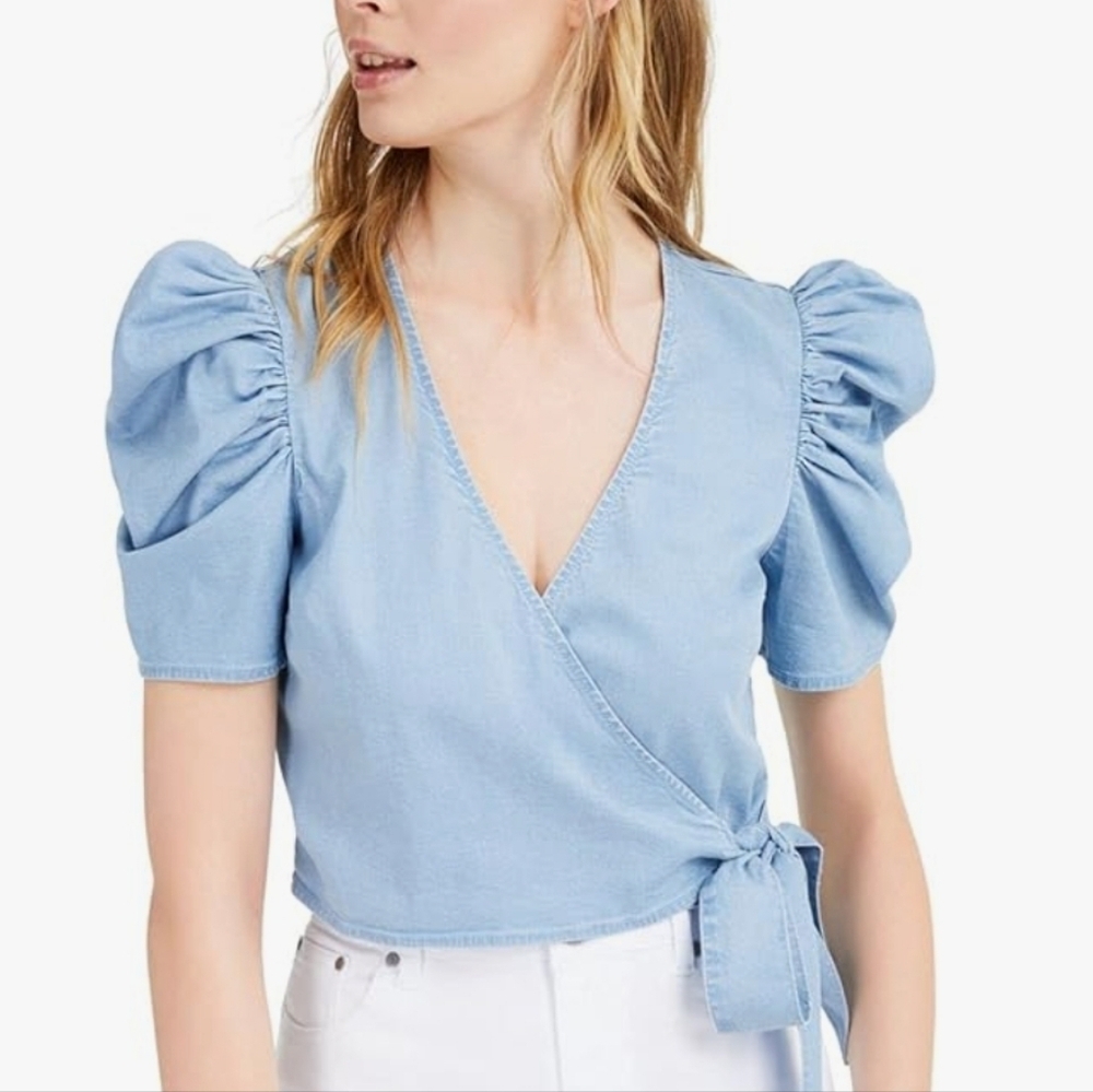 Bar III Elegant Sky Blue Puff Sleeve Wrap Blouse Size XL r